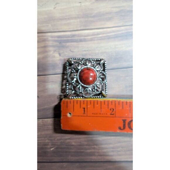 Sarah Coventry Red Cabochon Vintage Brooch Pendant Ornate Filigree Square Design - Picture 7 of 7